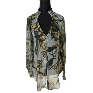 GUESS Sheer Floral Blouse Women Long Sleeve Smocked Cuffs Boho Peasant Top Sz XS